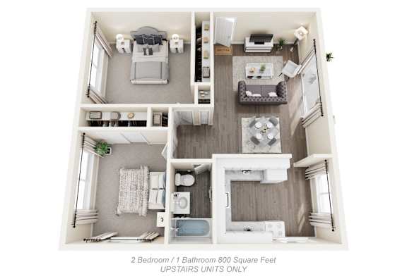 Monterey Manor 3D diagram of the 2 bed 1 bath apartment with 800 square feet