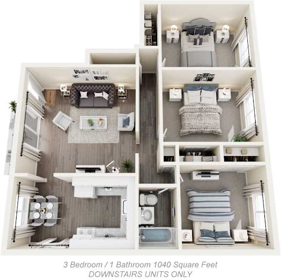Monterey Manor 3D diagram of the 3 bed 1 bath apartment with 1040 square feet