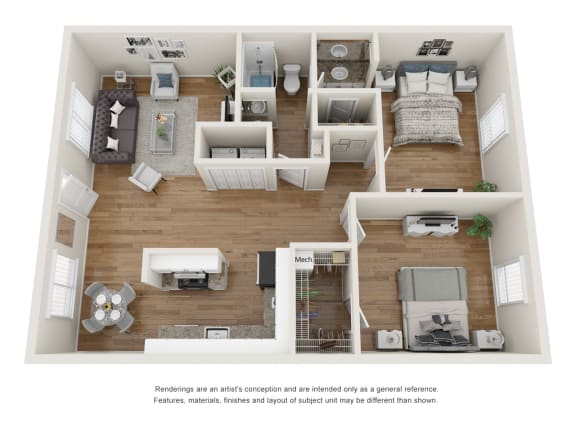 The Riverpoint floor plan - 2 bedroom 1 bathroom with 882 square feet at Abby Creek Apartments, California