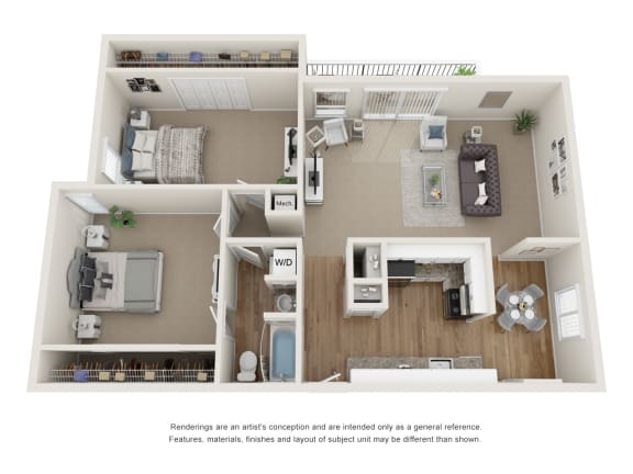 Floor Plan  The Rosewood floor plan - 2 bedroom 1 bathroom with 940 square feet at Abby Creek Apartments, California, 95608