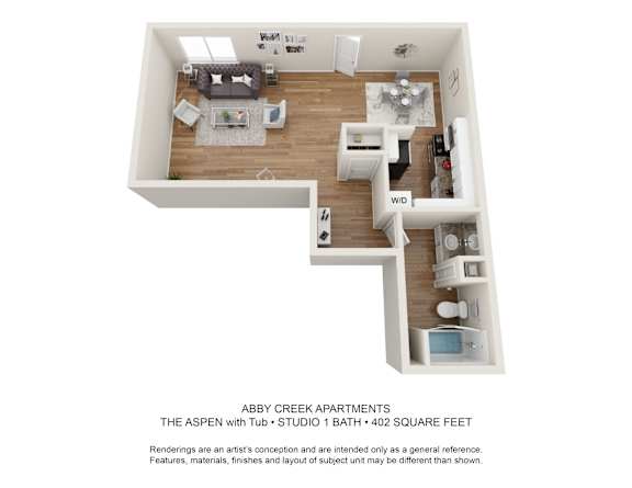 Floor Plan The Aspen with Tub Studio 402 sq ft