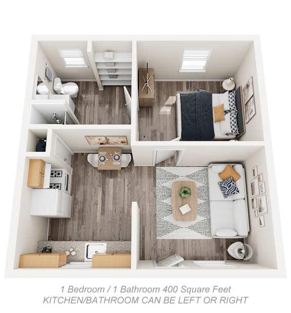 Chestnut & Hedding 400 square foot apartment layout.