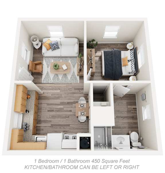 Chestnut & Hedding 450 square feet one bed one bath floor plan