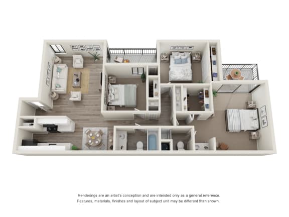 3 Bedroom 2 bathroom floor plan with 1176 square feet at Rivercrest Apartments, Sacramento