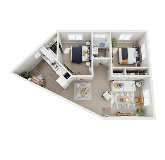 Willow Manor 2x1 1134 sq ft unique unit floor plan 3D image