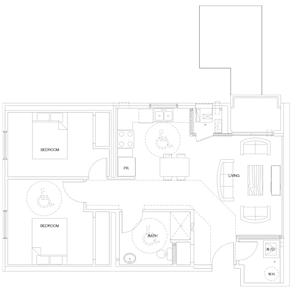 A floor plan of a house with two bedrooms, a living room, a bathroom, and a kitchen.