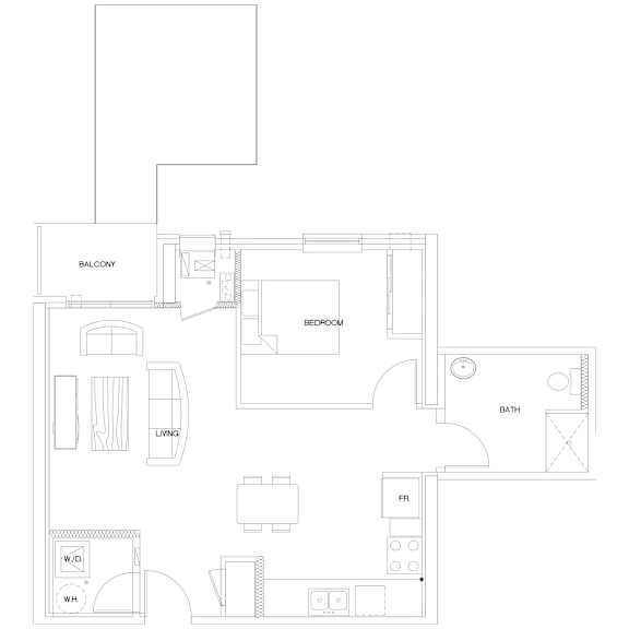 A floor plan of a house with a balcony, bedroom, bath, living room, and fireplace.