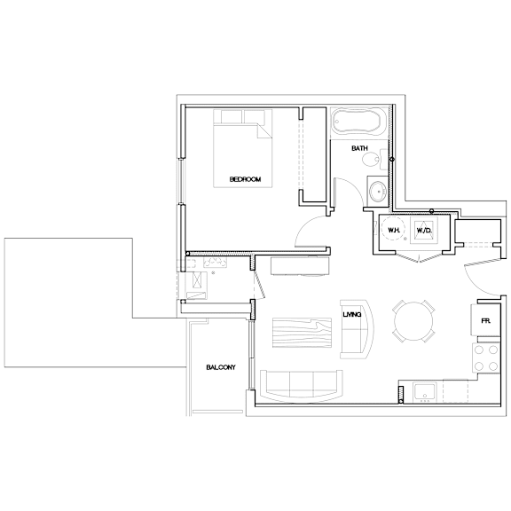 A floor plan of a house with a bedroom, bathroom, living room, and balcony.