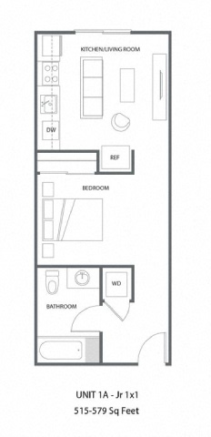 A floor plan of a one-bedroom apartment with a kitchen, bathroom, and living room.