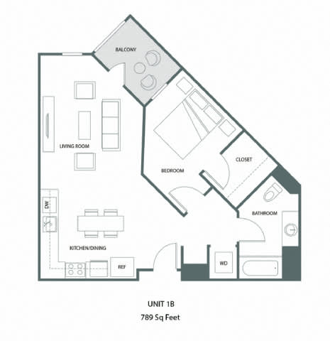 A floor plan of a 1 bedroom apartment with a living room, kitchen, bathroom, and closet.