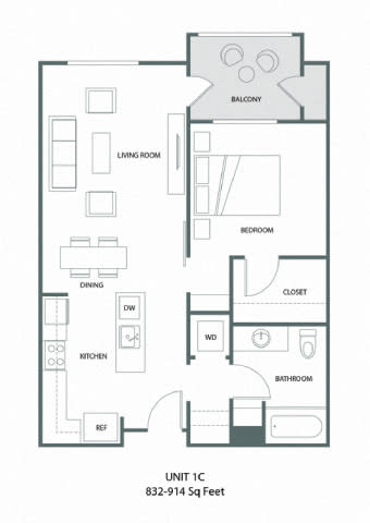 A floor plan of a 1-bedroom apartment with a living room, dining room, kitchen, bathroom, and closet.