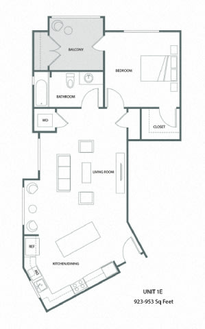 A floor plan of a unit with a kitchen, living room, and bathroom.