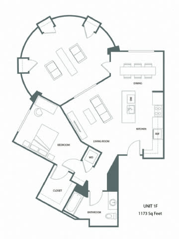 A floor plan of a unit with a total area of 1173 square feet.