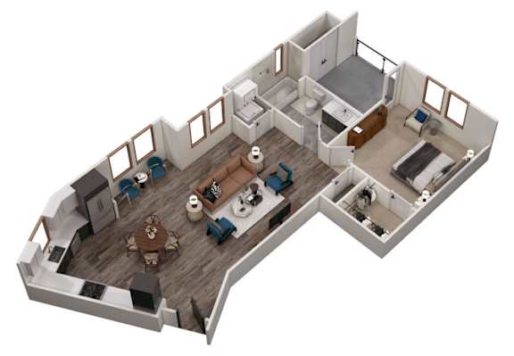 A 3D image of a house layout with a living room, dining room, kitchen, and two bedrooms.