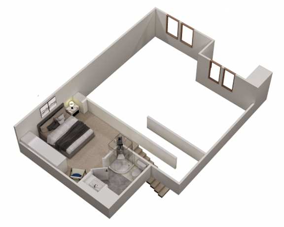 A 3D image of a bathroom with a toilet, sink, and mirror.