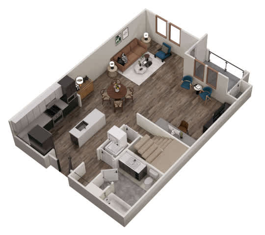 A 3D rendered image of a modern apartment layout.