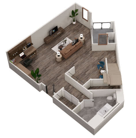 A 3D image of a modern apartment layout.