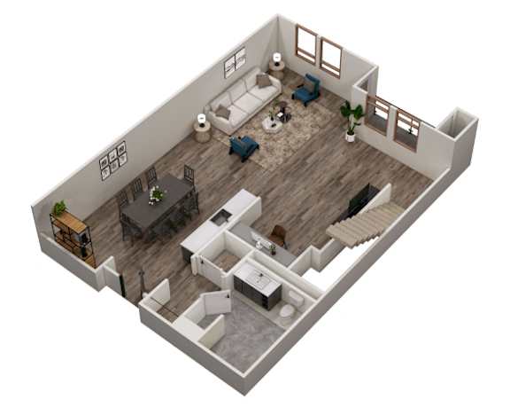 A 3D rendered image of a modern apartment layout.