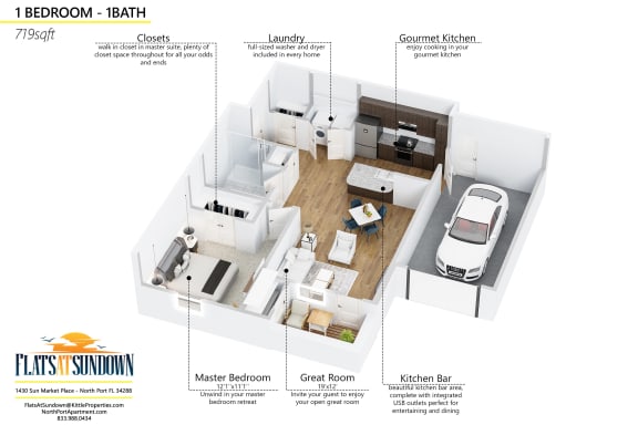 1 bedroom 3D floor plan with garage