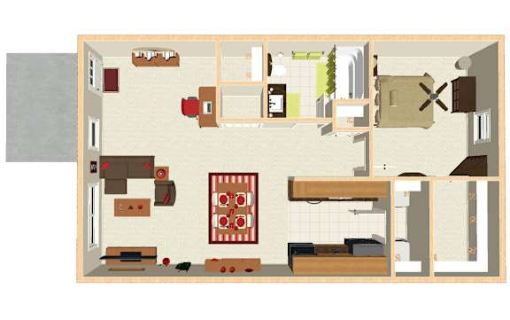 A floor plan of a house with a kitchen, living room, and dining area.