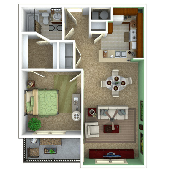 A 3D floor plan of a small apartment with a bedroom, living room, kitchen, and bathroom.
