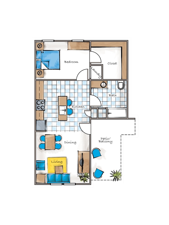 A floor plan of a house with a living room, dining room, kitchen, and bathroom.
