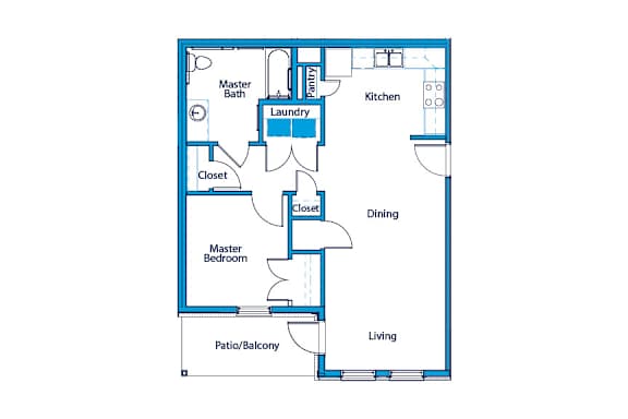 A floor plan of a house with a master bedroom, a dining area, a kitchen, a laundry room, and a master bath.