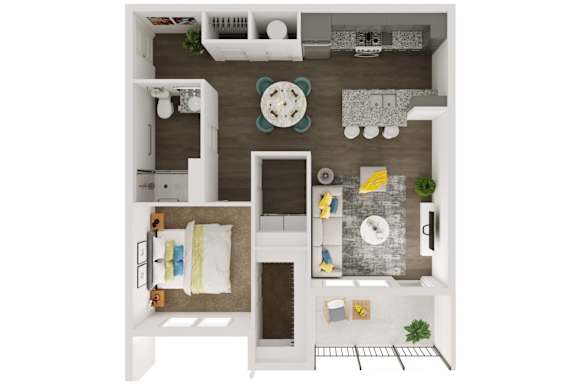 A top-down view of a small apartment with a kitchen, living room, and bathroom.