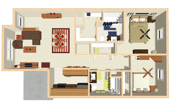 A floor plan of a house with a kitchen, living room, and two bedrooms.