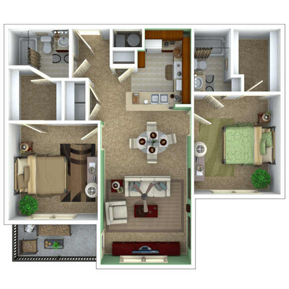 A 3D floor plan of a house showing a living room, kitchen, dining area, and bedrooms.