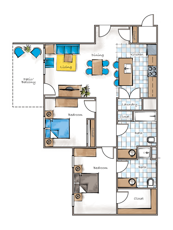 A floor plan of a house with a living room, dining room, kitchen, laundry, and bathrooms.
