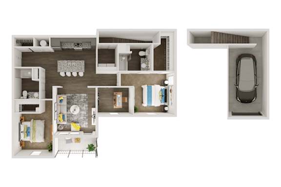 A 3D floor plan of a 2 bedroom apartment with a garage