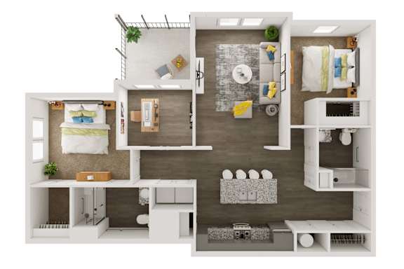 A 3D floor plan of a 2 bedroom apartment