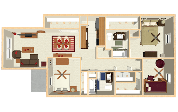A detailed floor plan of a two-bedroom apartment with a living room, kitchen, and bathroom.
