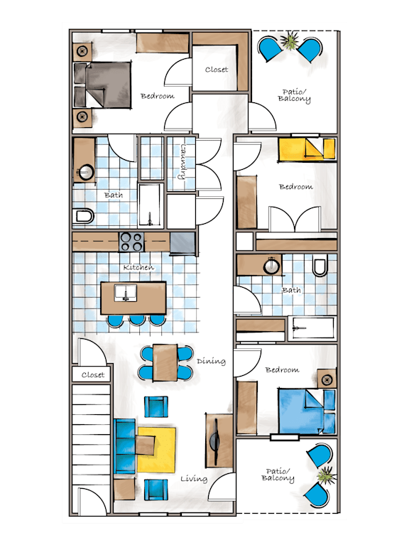 A floor plan of a house with a living room, dining room, kitchen, and bathrooms.