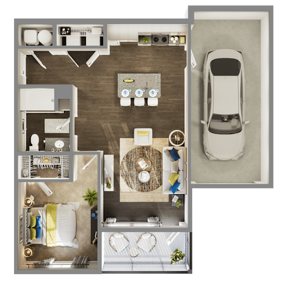 a 1 bedroom floor plan with an attached garage