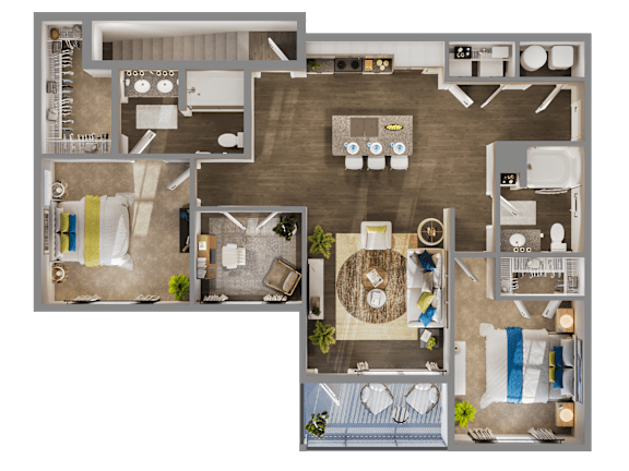 A 3D floor plan of a 2 bedroom apartment