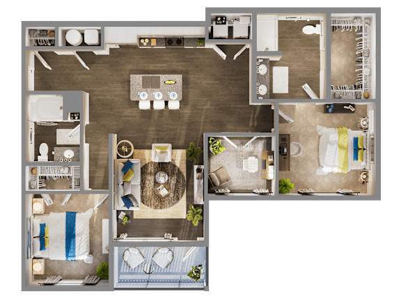 A 3D floor plan of a 2 bedroom apartment