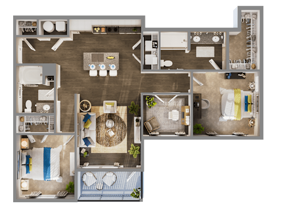 A 3D floor plan of a 2 bedroom apartment