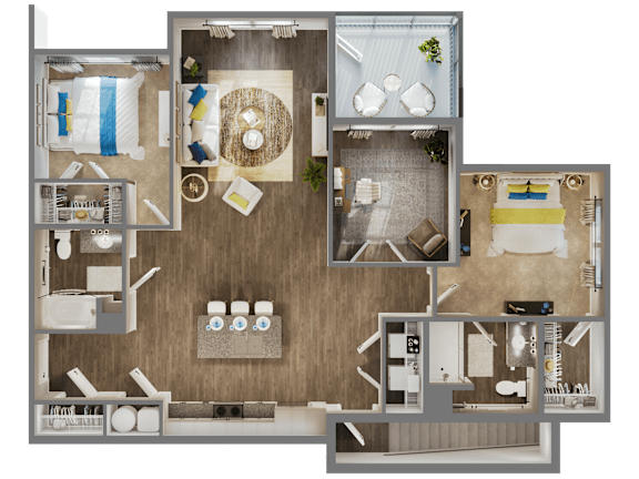 A detailed 3D floor plan of a modern apartment layout.