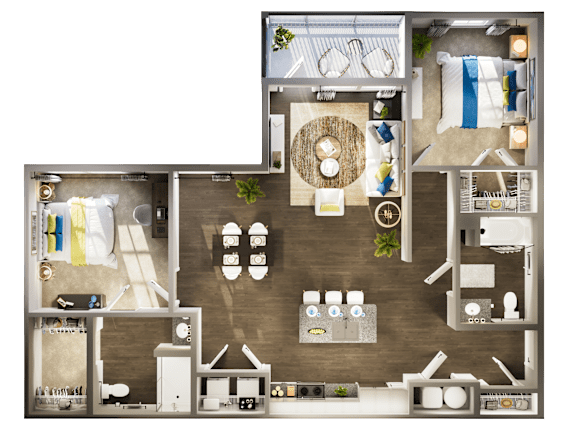 A top-down view of a room layout with a bed, couch, and various furniture pieces.