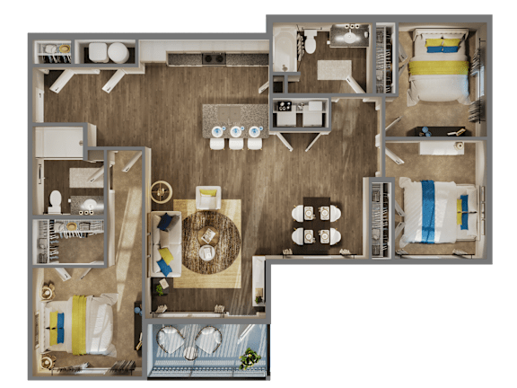 A 3D floor plan of a 3 bedroom apartment