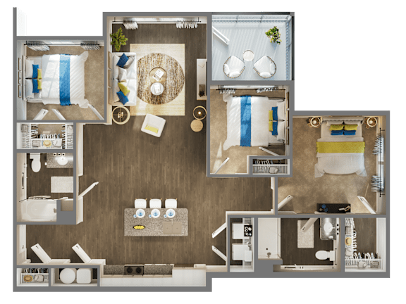 A 3D floor plan of a 3 bedroom apartment