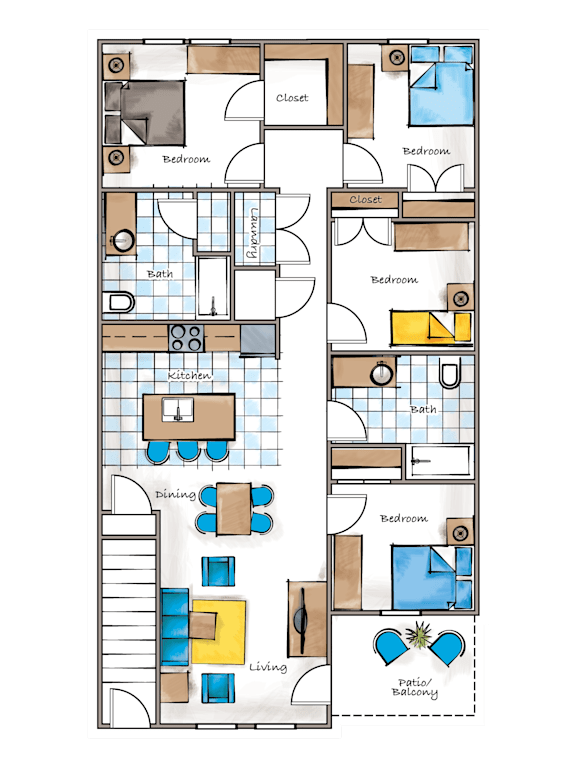 A floor plan of a house with labeled rooms such as Bedroom, Bath, Kitchen, and Living room.