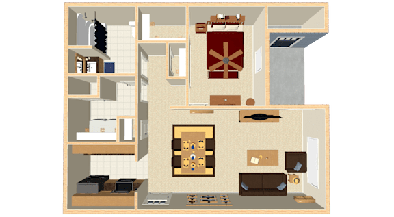A drawing of a house interior with a kitchen, living room, and bathroom.