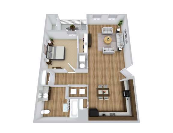 a 3d floor plan of a 1 bedroom apartment