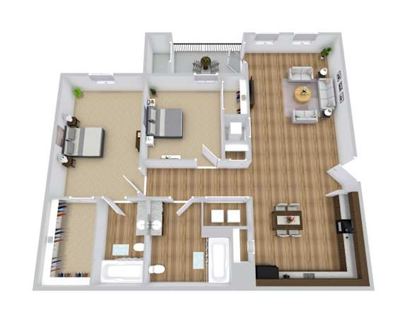 A 3D floor plan of a 2 bedroom apartment