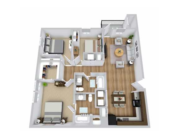 a 3d floor plan of a 3 bedroom apartment