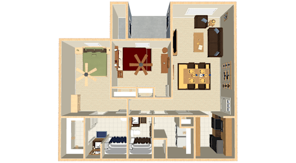 A 3D rendered image of a house layout.
