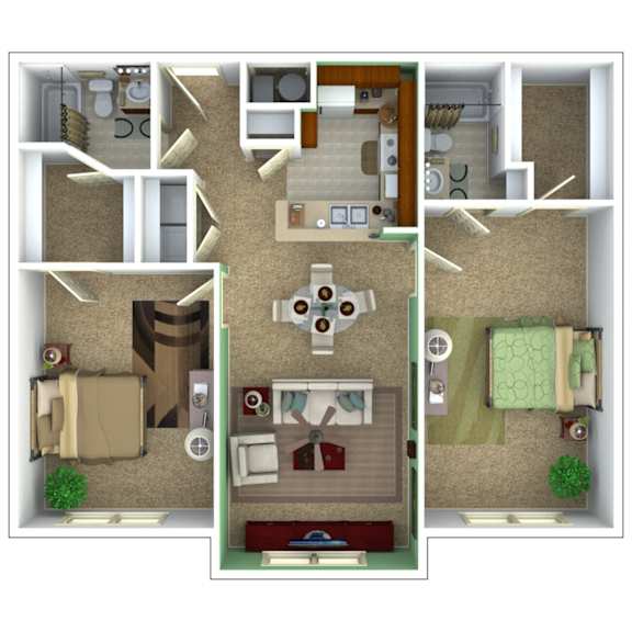 A 3D floor plan of a house with a living room, kitchen, and two bedrooms.